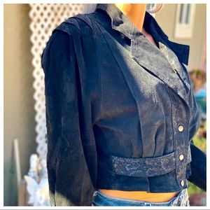 VNTG Suede Crop Moto Jacket Animal Print Trim